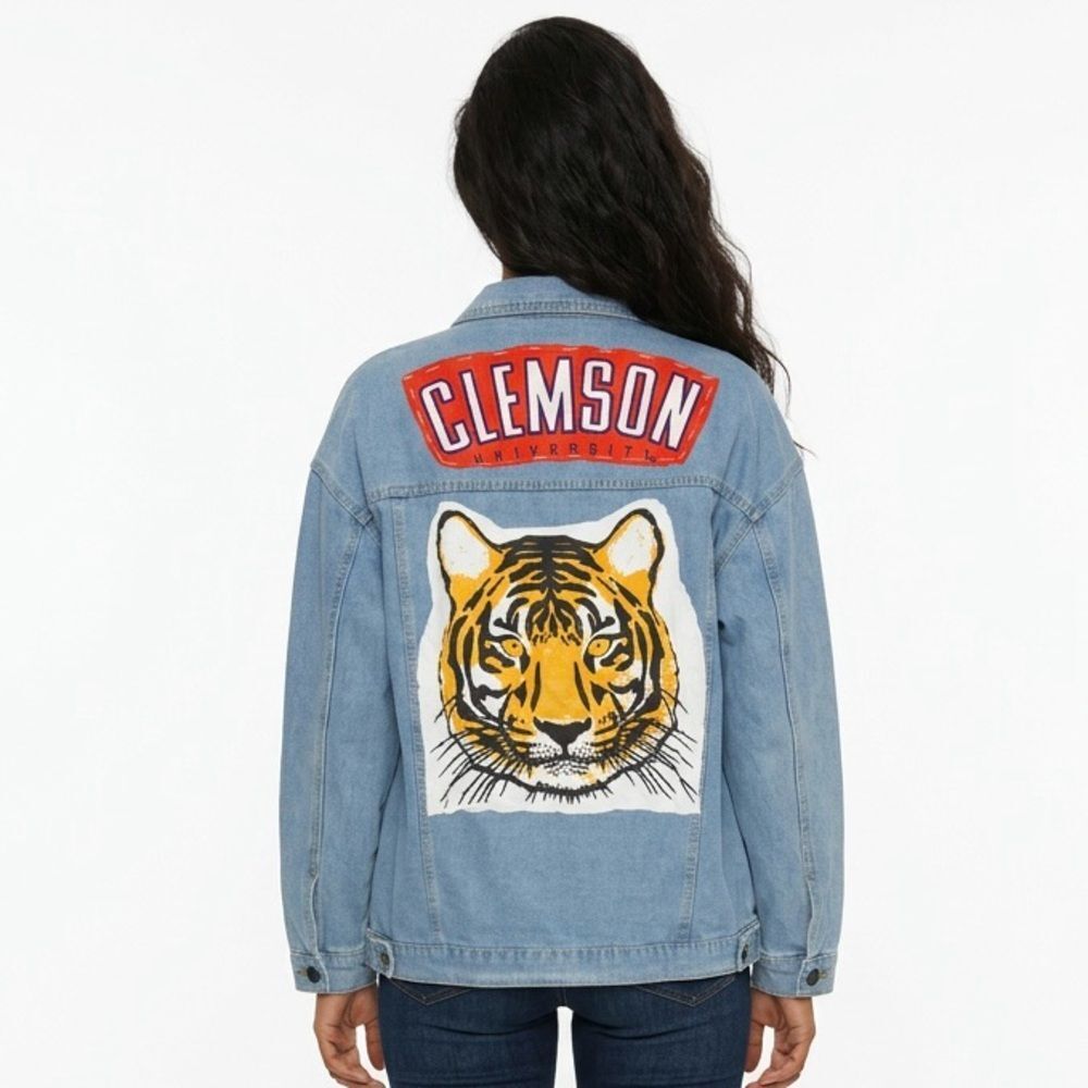 CLEMSON UNIVERSITY TIGERS Upcycled Blue Denim Jean Jacket Women’s Size Large